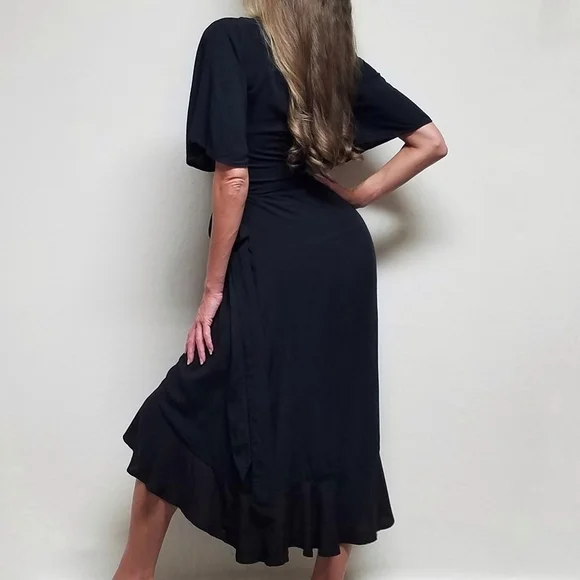 KOKO+MASON Black V-neck Asymmetric Ruffle Hem Butterfly Sleeve Wrap Dress Medium - Picture 3 of 16